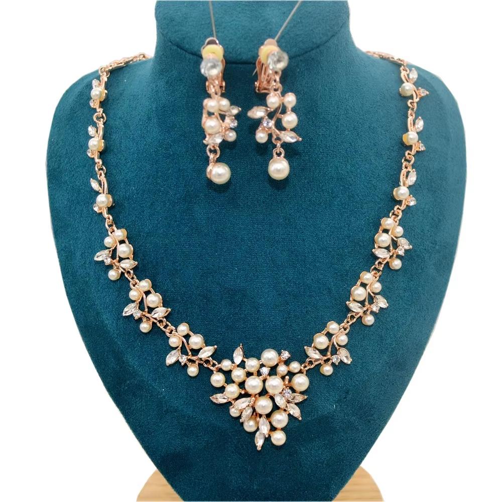 Fashion Artificial Jewellery Gold Plated Stainless Steel Luxury Small Pearl Beaded Necklace and Earring Jewelry Sets for Women