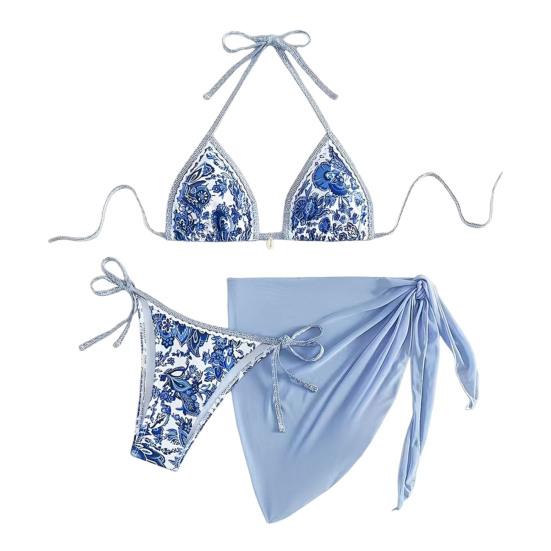 3Pcs/Set Swimsuit Set Halter Chest Pads No Steel Support Bra Swimming Briefs Cover Up