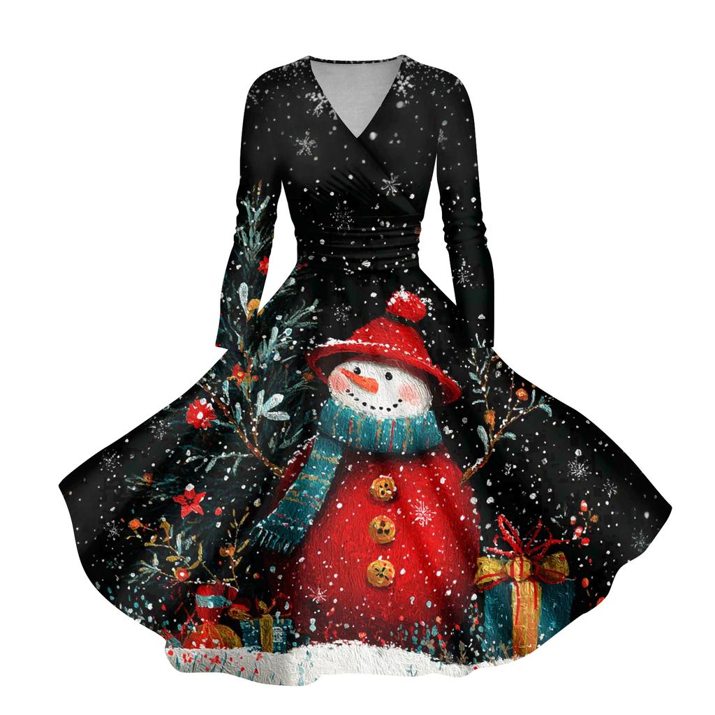 Ladies' Casual And Fashionable Christmas Tree Print Long Sleeved V-neck Sexy Pocket Dress