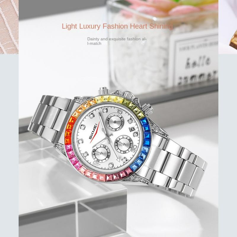 Skmei Fashion Womens Sports Watches Stainless Steel Day Date Watch Ladies Luxury Colored Diamonds Calendar Quartz Wristwatch
