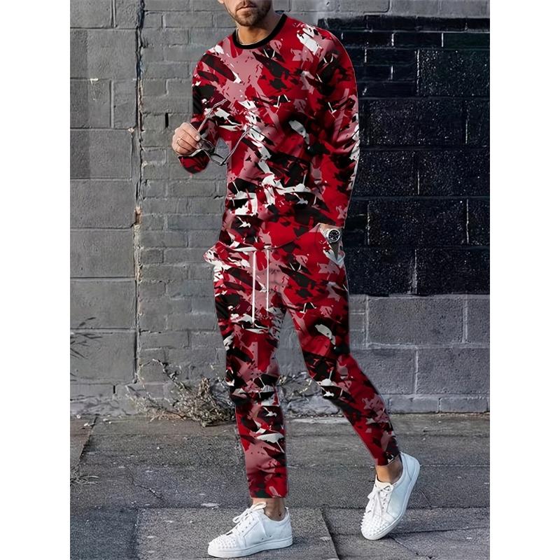 Men's Fashion Graffiti Novelty Pajamas Loungewear Set Autumn Men's Daily Casual Long-sleeved T-shirt Street Fashion Pants