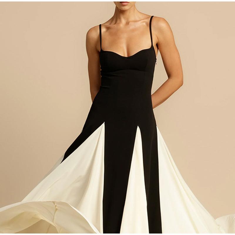 Fashion Contrasting Color Spaghetti Strap Dress for Women Elegant Gauze Backless A-line Long Dresses New Lady Party Evening Dresses