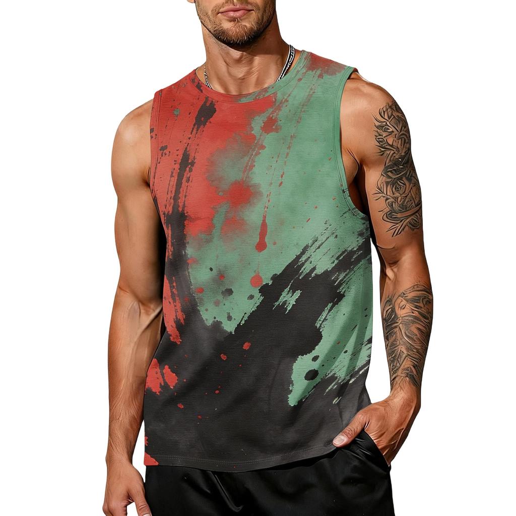 Herren Ärmelloses Tanktop Lässig Trendig Farbspritzer-Print Atmungsaktiv Sportliches Muskelshirt Leichtes Sommer-Trainingsweste