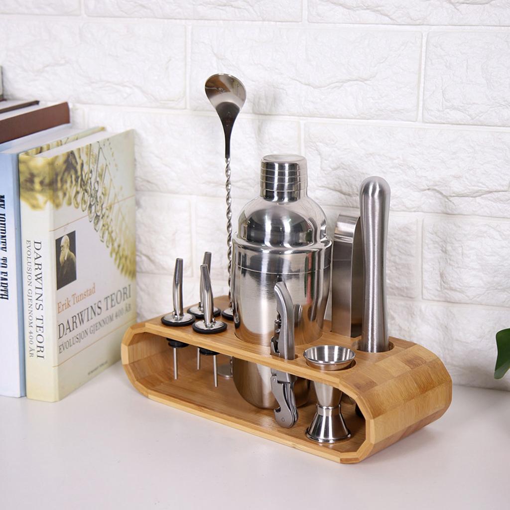 11-teiliges Set Edelstahl Cocktailshaker Mixer Getränke Barkeeper Martini Werkzeuge Bar-Set mit Holz