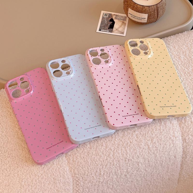 

Korean Style Pink Polka Dot Phone Case: 2-in-1 Design for All Apple Models iPhone 14 Pro Max