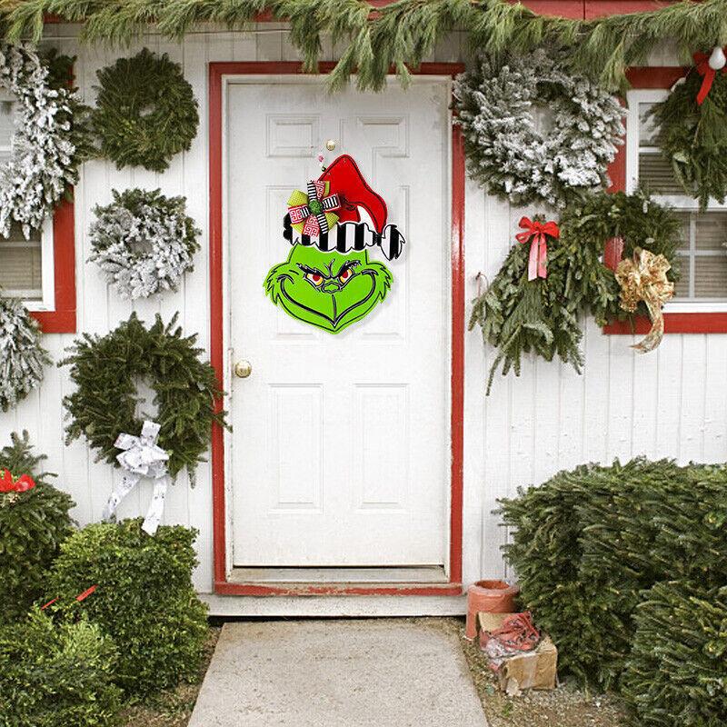 Grinch Christmas Wooden Wreath Front Door Welcome Sign Wall Home Decoration