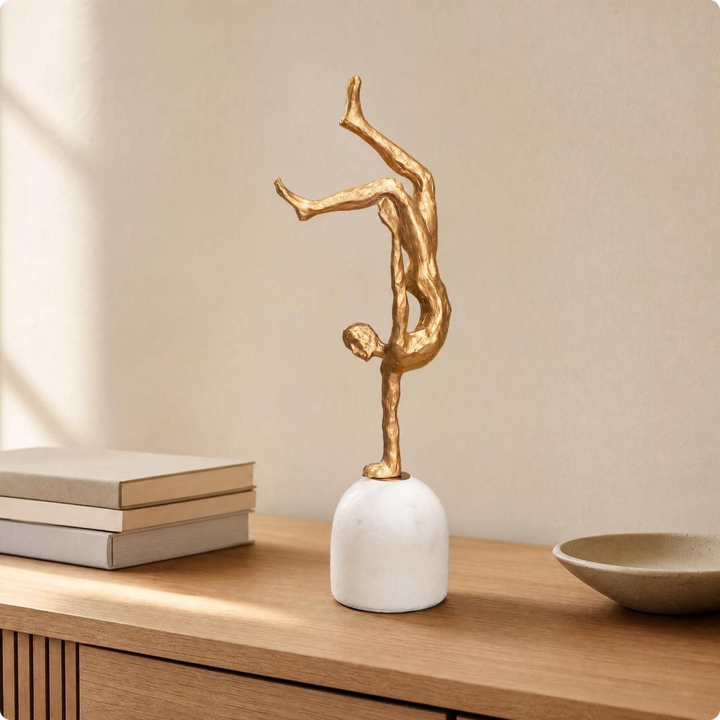 Inverted Pose Human Sculpture Metal Finish with White Pedestal