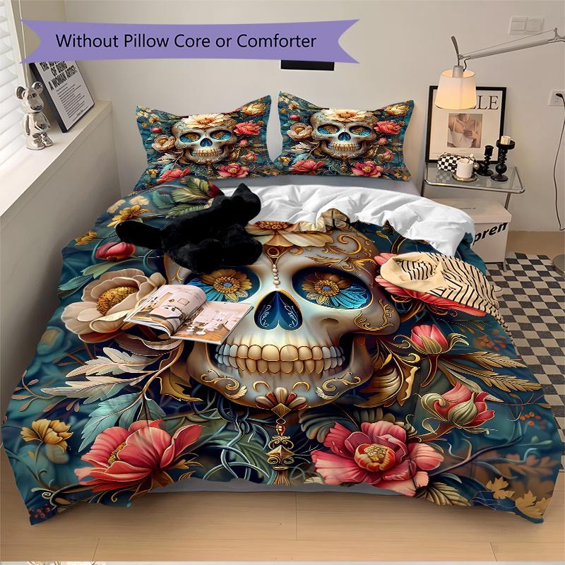 3pcs Day of the Dead Design Bedding Set - 1 Soft Quilt Cover + 2 Pillowcases, Machine Washable - Suitable for All Seasons, Perfect Gift for