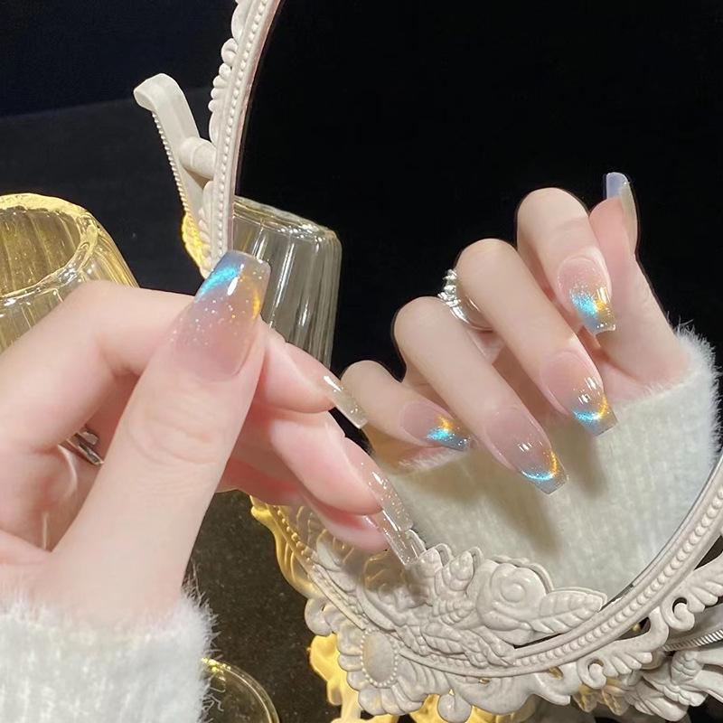 

Наклейки для ногтей «Кошачий глаз» с французским градиентом «Аврора» – Двухцветные носимые типсы для накладных ногтей Glue Kit