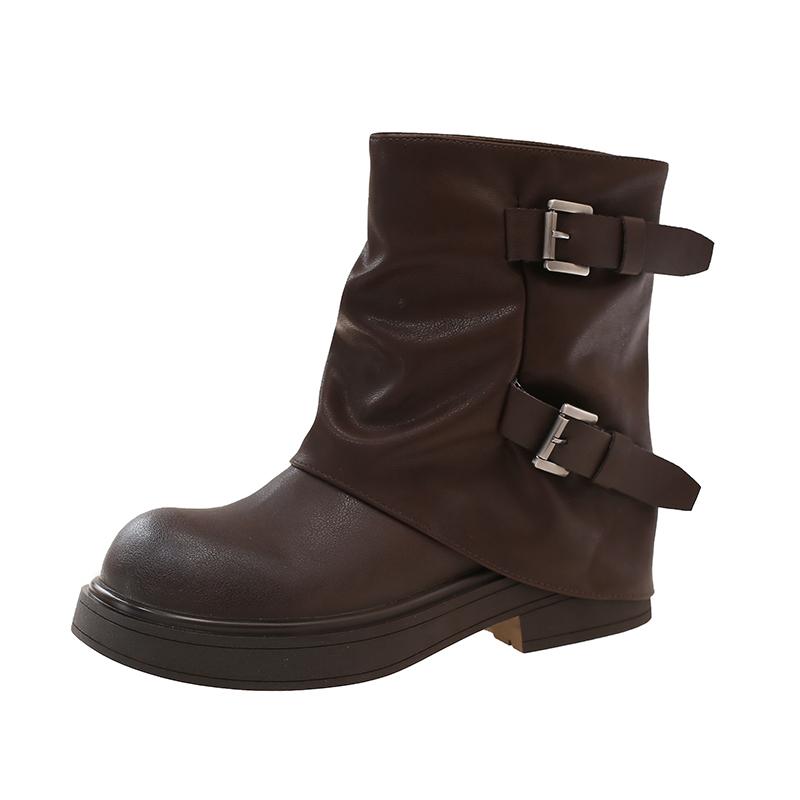 Fashion Winter Fashion Slip On Women Ankle Boots Elegant Back Belt Buckle Low Heels Shoes Leather Botas Zapatos De Mujer