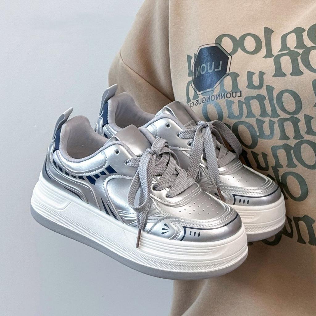 Campus Style 22 Autumn Leather Thick-soled Silver Sweet Muffin Bottom Lightweight Wear-resistant Board Shoes