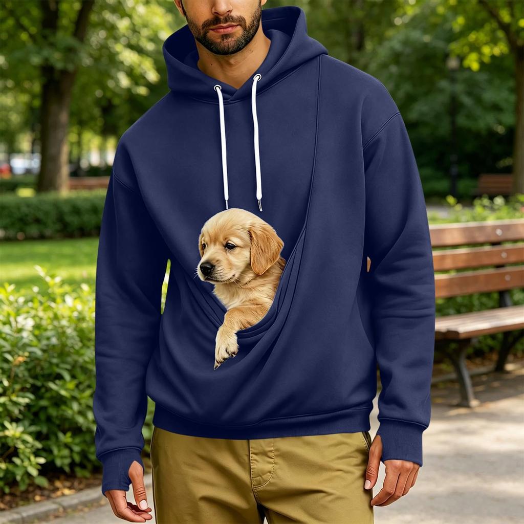 Men's Loose Fit Long Sleeve Hoodie with Thumbholes, Large Pocket and Pet Pocket