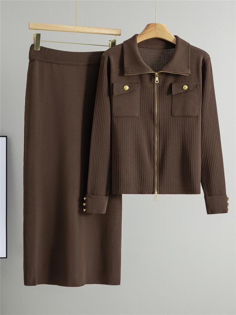 Women's Polo Collar Zipper Cardigan & Knit Skirt Two-Piece Set - Spring/Autumn Fashion.