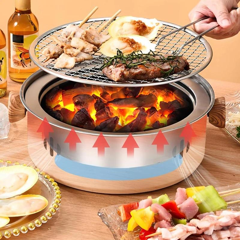 Outdoor Camping Barbecue Grill BBQ Stove Multifunction Home Charcoal BBQ Grill with Grill Round Non-stick Barbecue Stove