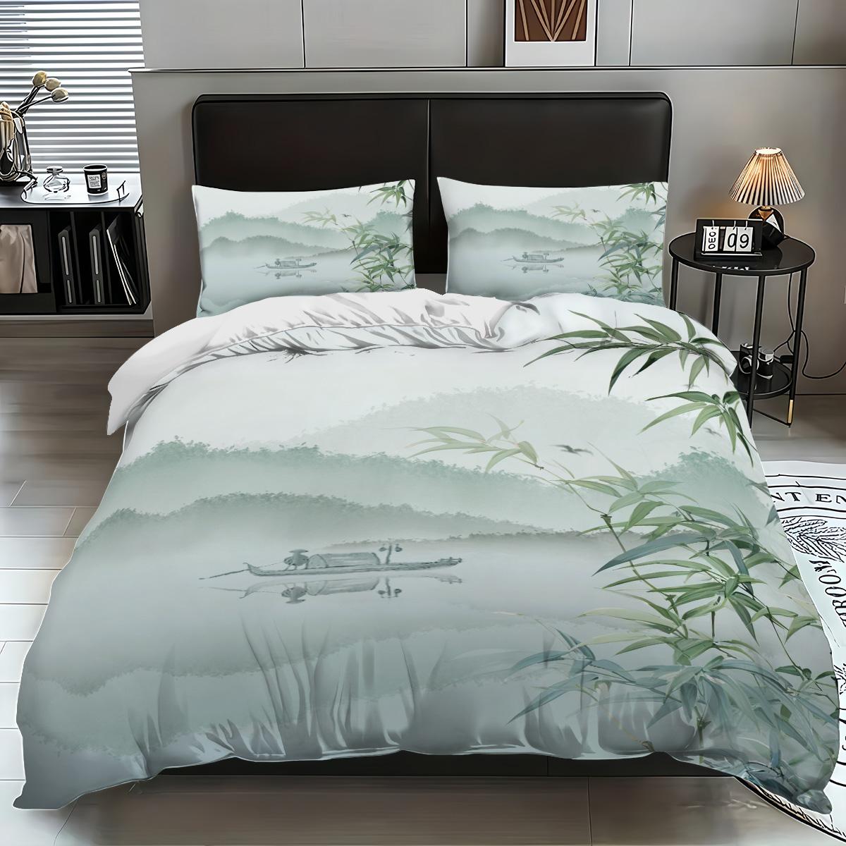

Набор постельного белья из 3 предметов с принтом тушью бамбука (1 комплект + 2 наволочки, без наполнителя), подходит для теплой спальни для удовлетворения различных потребностей 135x200cm-EU-Single