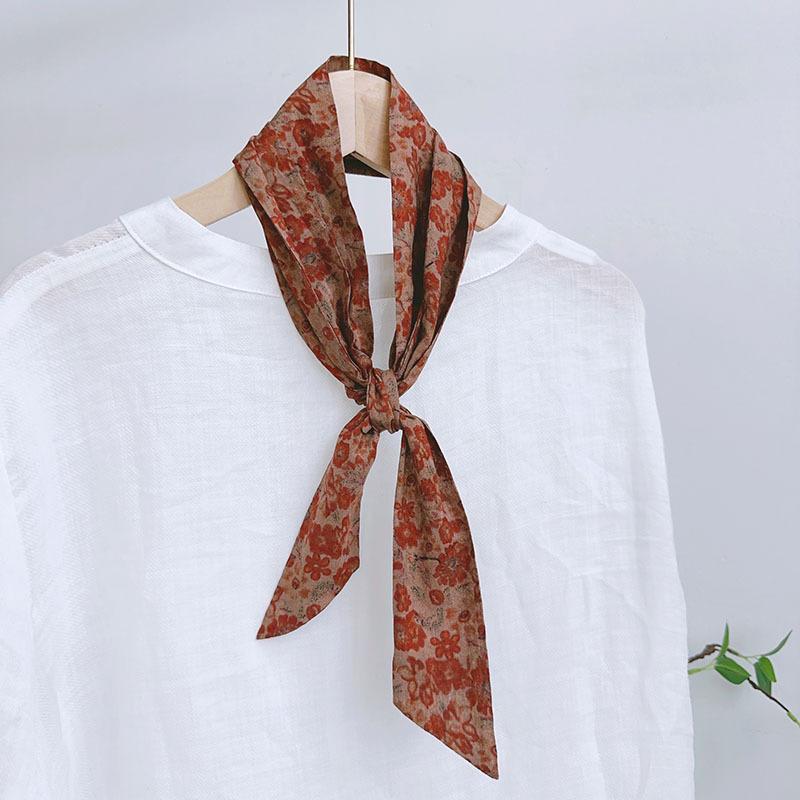 Spring Summer Floral Print Cotton Skinny Scarf Women Soft Neckerchief Hairband Lady Headband Bagscarf Female Neck Ties