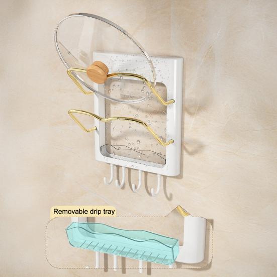 Storage Rack with Drip Tray for Pot Lids Cutting Boards Wall-mounted No Drilling Required Strong Adhesive Rack for Kitchen Organize