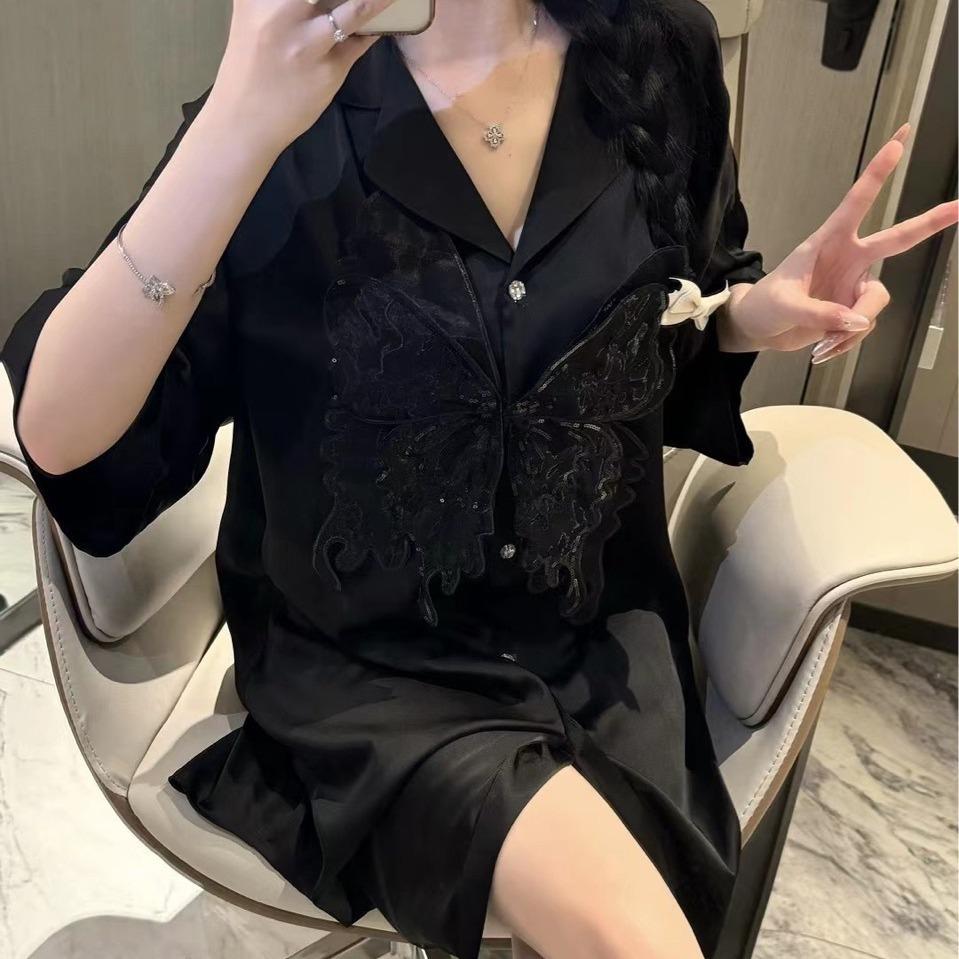 Sexy Pajamas Women's Summer Shirt Pajamas Summer Women's New Lace Short Sleeves Large Size Outer Wear Advanced Sense