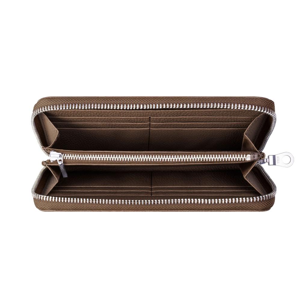 HANATORA Genuine Leather Long Wallet, Shrink Leather, Zippered, Slim, Card Case, Passbook Compartment, Bill Compartment, Simple Design, Dark