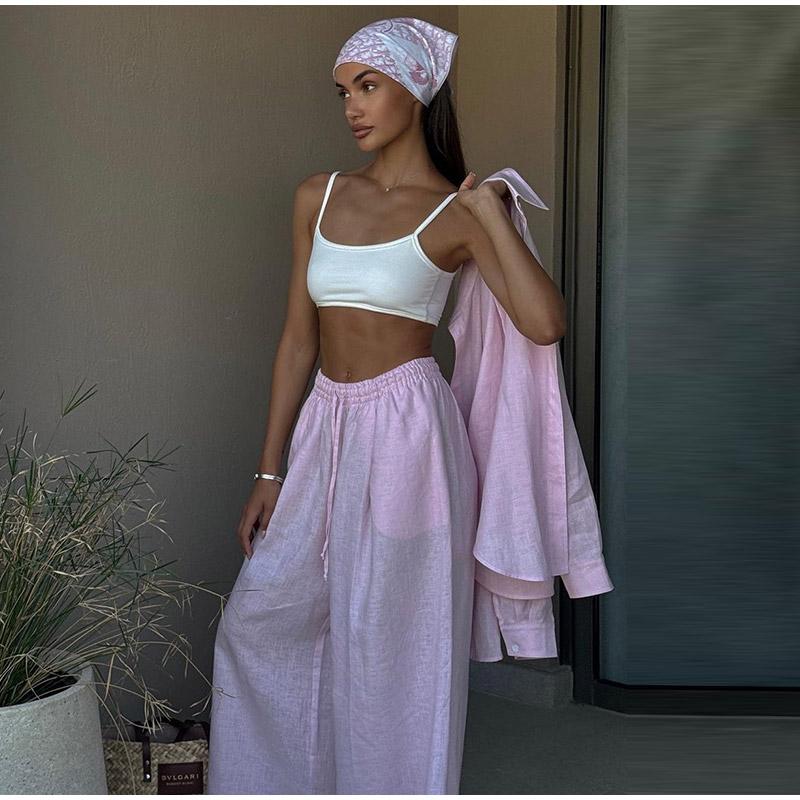 Women's Pure Cotton Shirt and Pants Set Casual Solid Color Women's Set V-neck Button Decoration Sweet Style Spring and Summer New Women's Clothing