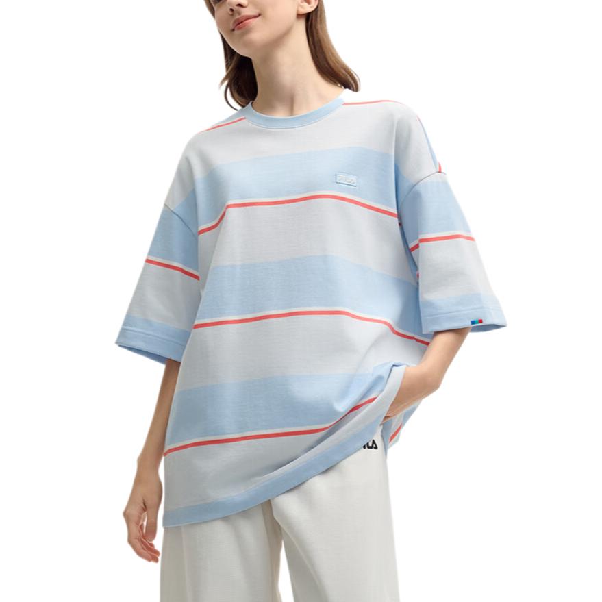 Fila Original Soft Breathable Striped Comfortable Fashion Logo Short Sleeve T-Shirt Unisex Tops Sky-Blue F51M529107F-LB