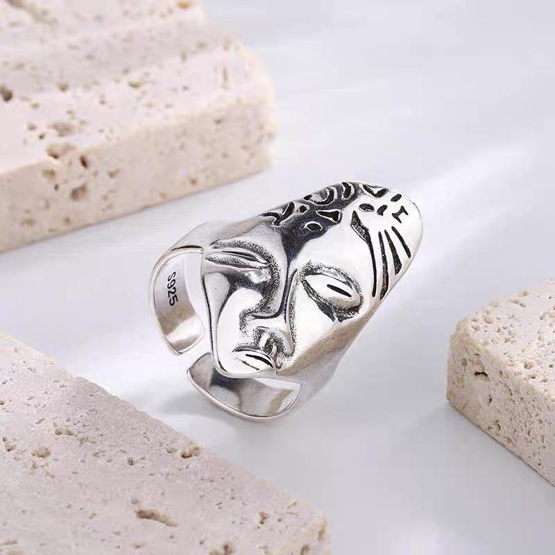 925 Sterling Silver Rings For Women Geometric Fine Jewelry Finger Adjustable Simple Retro Face Shap Ring For Party Birthday Gift