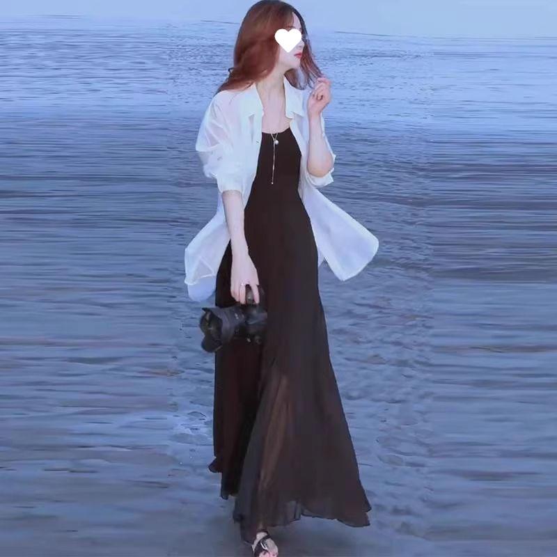 Women's 2026 Summer Stylish Slimming Sun Protection Two-Piece: Shirt with Slip Dress Long Dress Set
