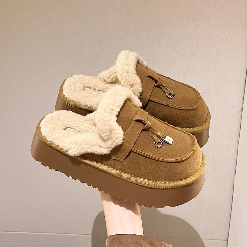 Winter new women's thick-soled casual lamb wool slippers Boken Baotou home wear velvet warm increase