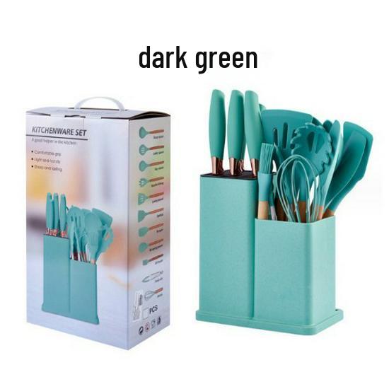 Spot Silicone Kitchen Utensil 19-Piece Non-Stick Set: Includes Spatulas, Spoons, Storage Bucket, and Knife Set.
