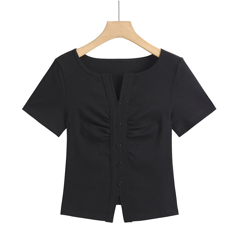 

Высококачественная плиссированная короткая футболка с v-образным вырезом на пуговицах и высокой талией. Модная и универсальная женская футболка с короткими рукавами в корейском стиле. XXXL чёрный