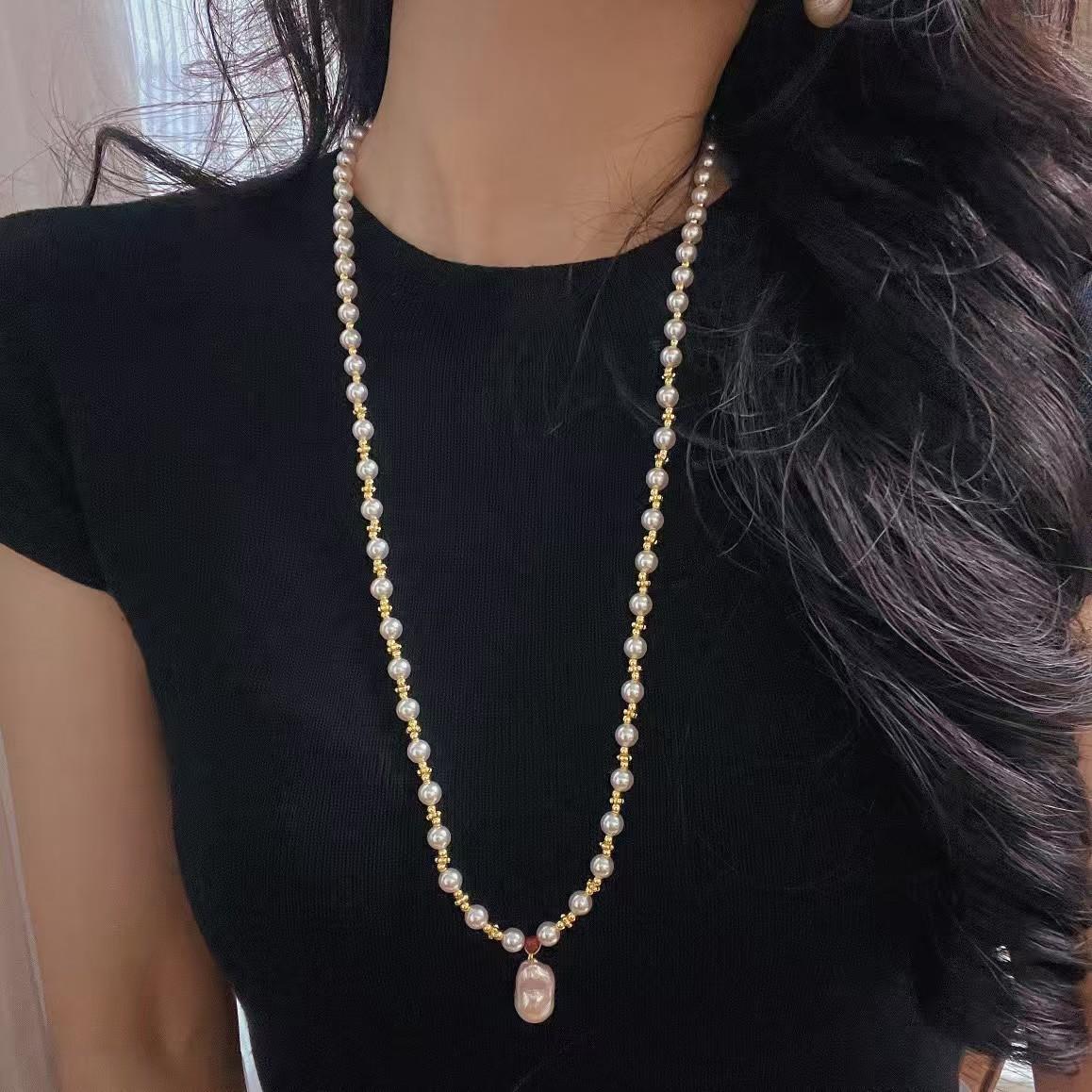 

Vintage Natural Baroque Pearl Pendant Artificial High Quality Pearl Round Bead Necklace Sweater Chain