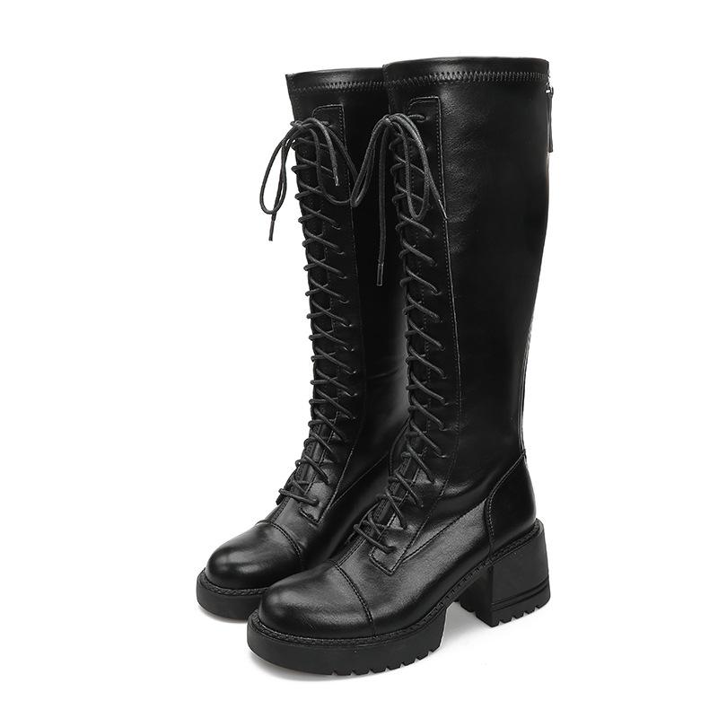 Round Head Thick Heel Thick Sole Boots Women's Custom Lace-up High Knight Boots Women's Custom 2024 New Long Martin Boots