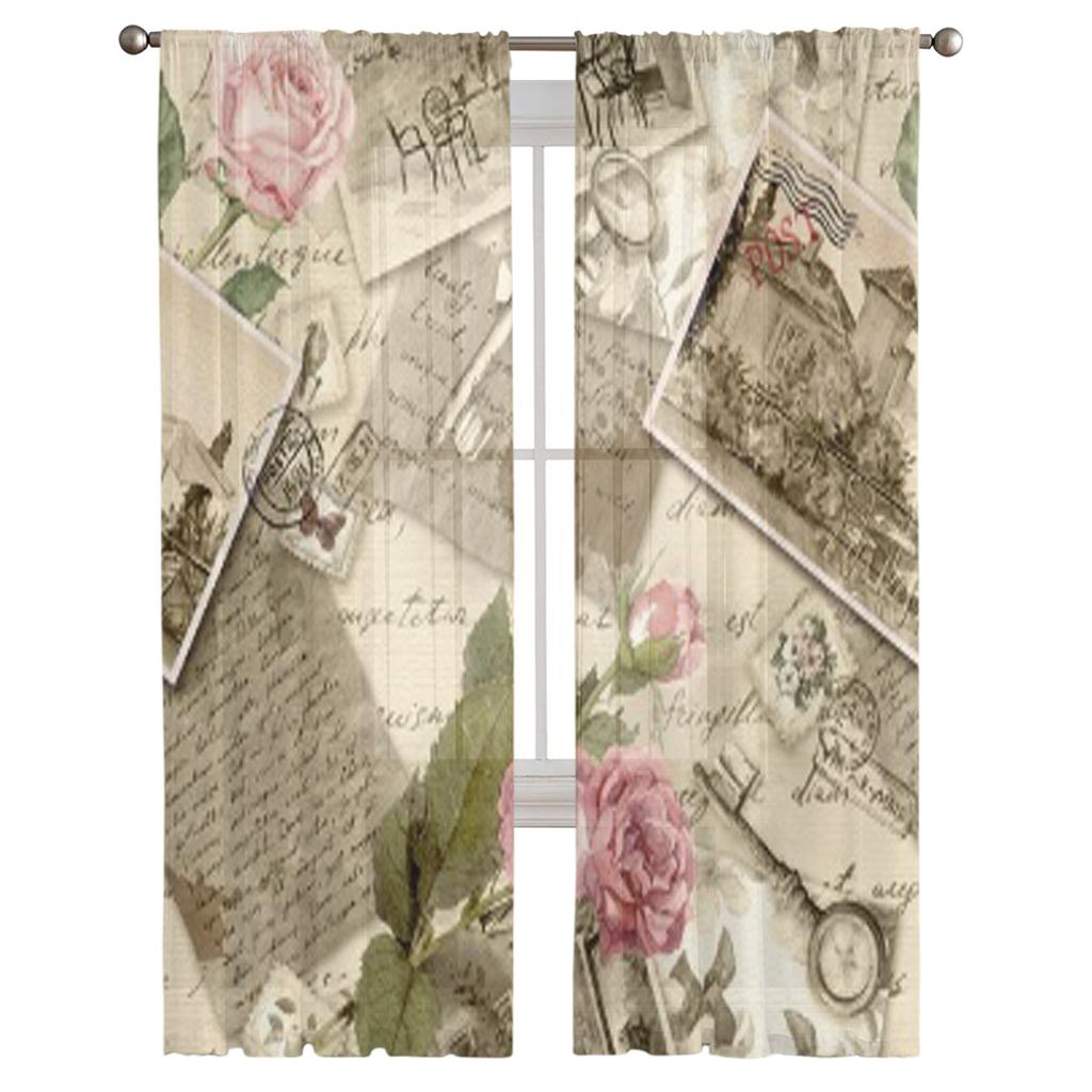 Vintage Alte Papier Gardinen für Wohnzimmer Transparent Tüll Fenster Behandlungen Schlafzimmer Küche Home Decor Schleier Vorhänge