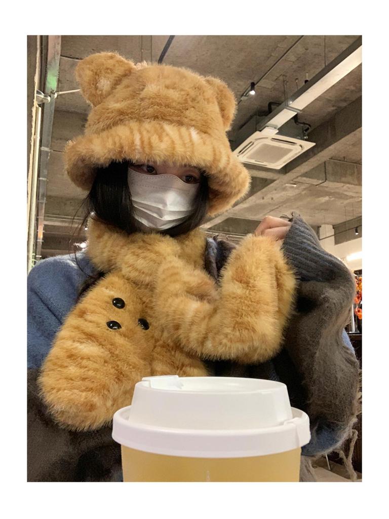 Douyin-Style Tiger Print Hat & Letter Scarf Gloves Set - Cute & Cozy