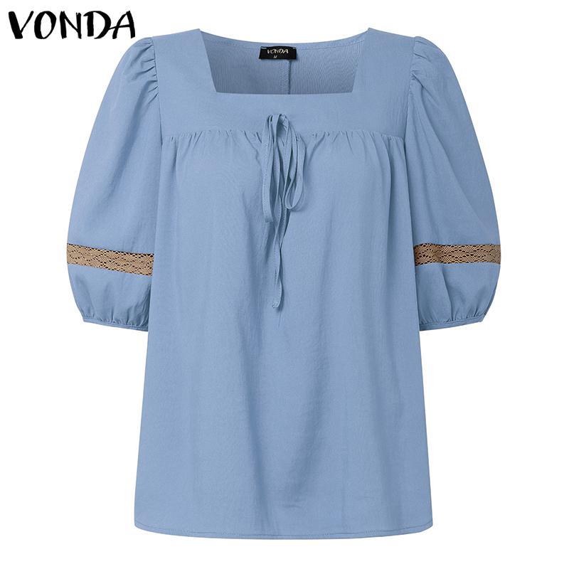 VONDA Elegant Women Square Collar Puff Sleeve Crochet Patchwork Casual Blouse