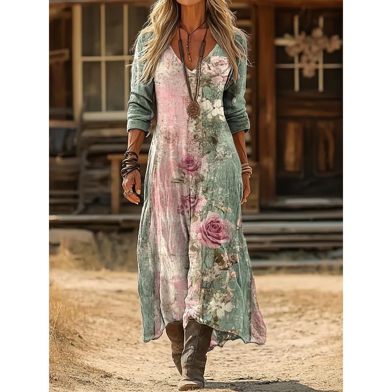 Creative Tie-dye Printing Women's New V-neck Long-sleeved Dress Medium and Long Dress