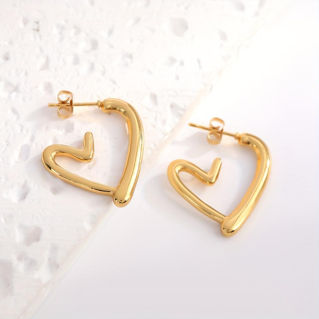 1 Pair 304 Stainless Steel Heart Stud Earrings, 18K Gold Plated, for Valentine/Wedding/Anniversary/Casual Wear, Teenager Gift