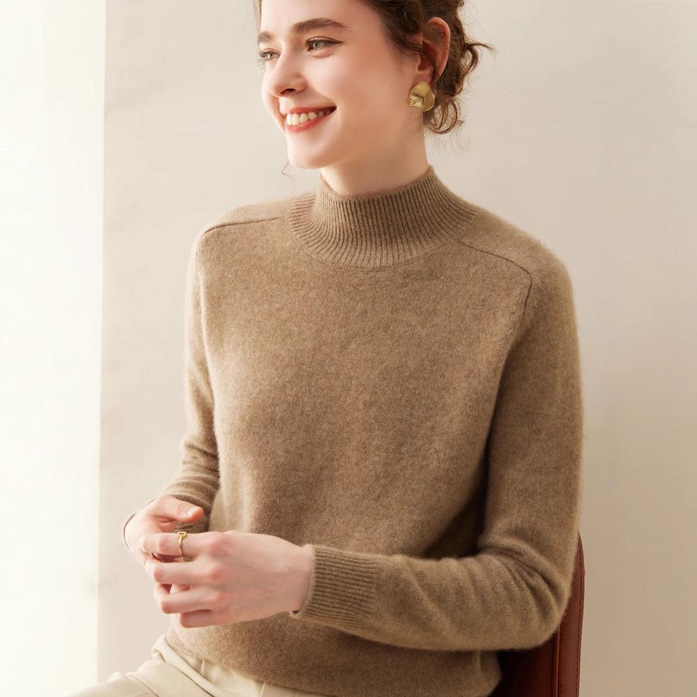 Women's Cashmere Half High-Neck Sweater - Autumn/Winter, Thickened, Solid Color, Loose Saddle Shoulder Knit.