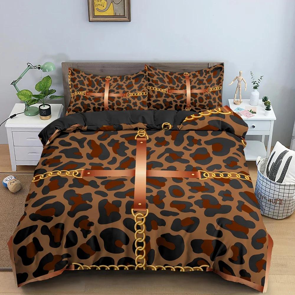 Goldketten Bettbezug Leopardenmuster Bettwäscheset Bettdeckenbezüge für Schlafzimmer Einzel- Kingsize Weicher Steppdeckenbezug Heimtextil