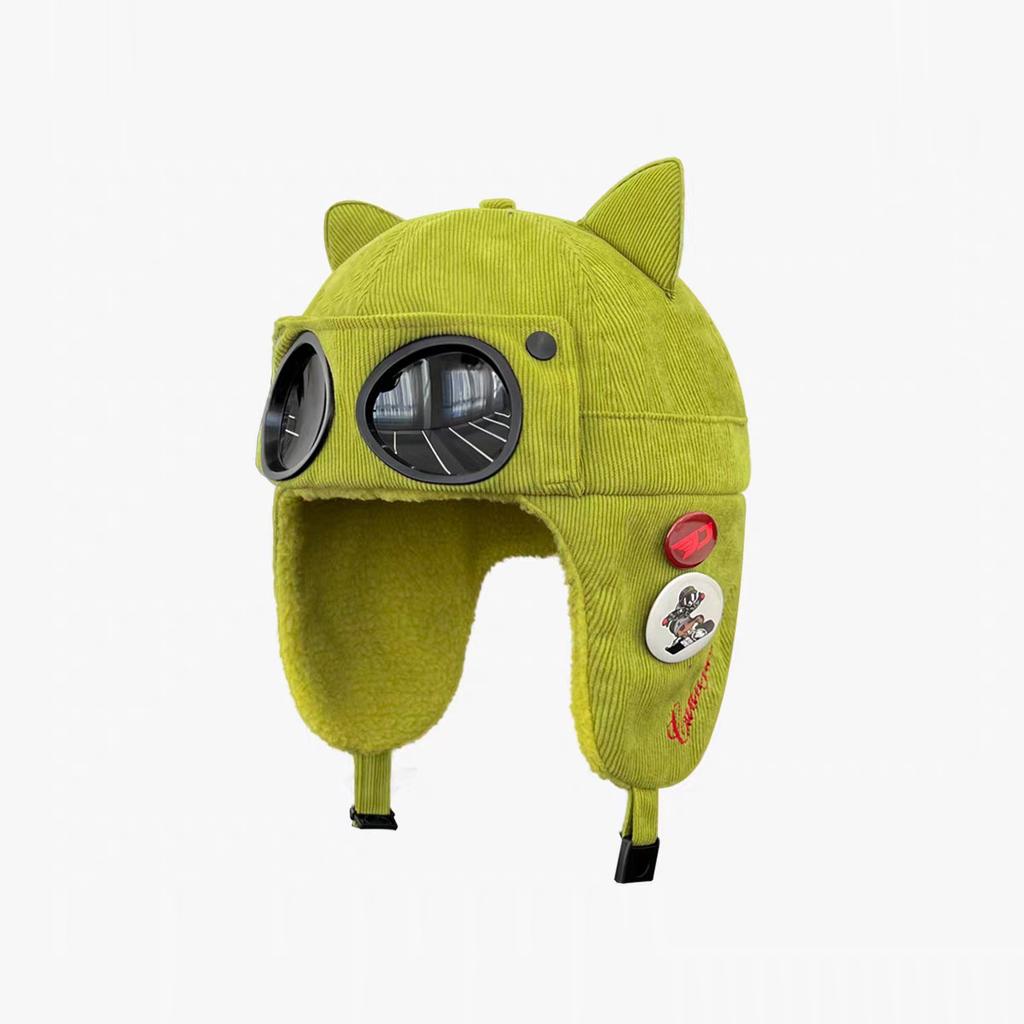 Pilot glasses cat ear ear protection hat men and women winter velvet warm leopard print corduroy cycling cotton hat