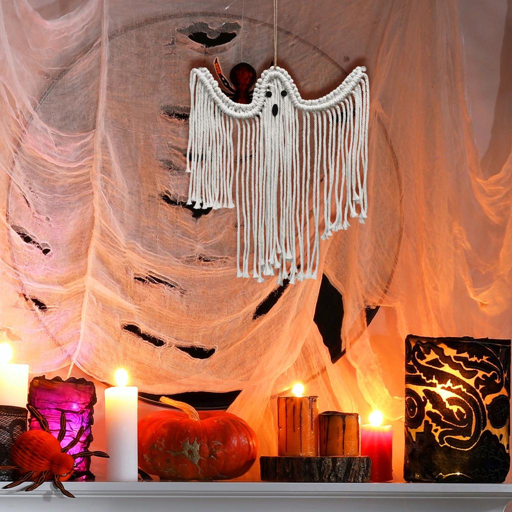Halloween Handmade Woven White Ghost Tapestry Spooky Holiday Wall Hanging Decoration, Size S