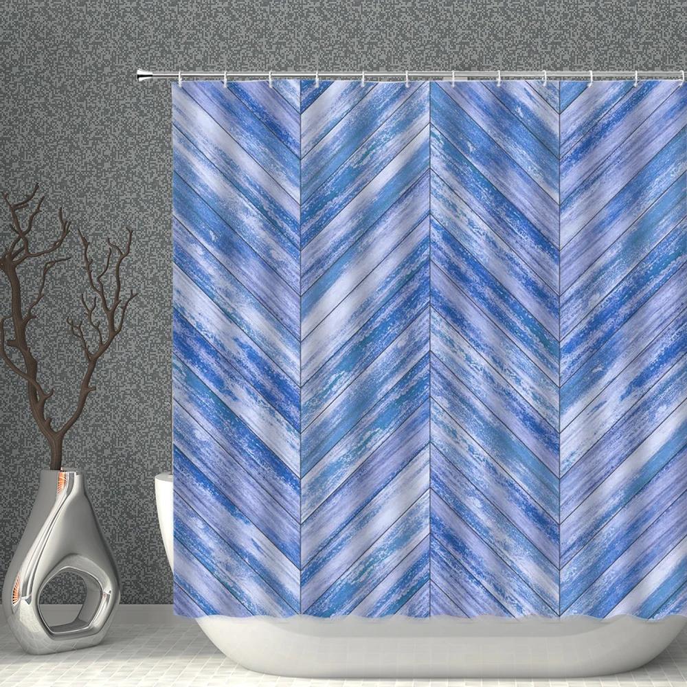 

Old Wood Grain Shower Curtain Set Geometry Bath Curtains Waterproof Fabric Brown White Blue Bathroom Screen Bathtub Home Decor W90XH180cm