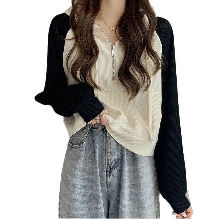 Plus Size Women's Color Block Hoodie with Patchwork Raglan Sleeves - Autumn/Winter 2025 Korean Style Zippered Hooded Top