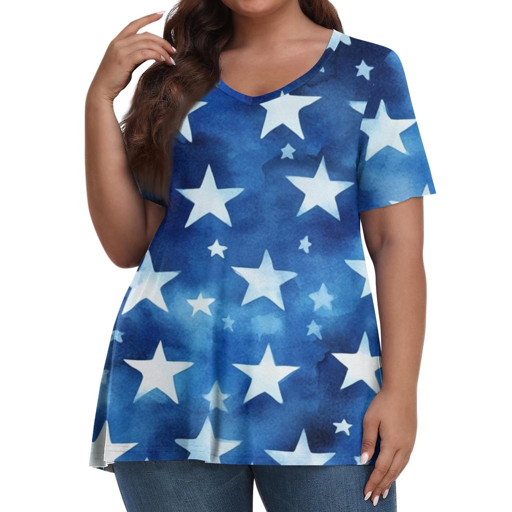 Women's Fashion Casual V-Neck Pullover Short Sleeve Large Size Independence Day Printed T-Shirt Top