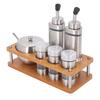Kitchen Condiment Dispensers Set with Wood Base Multifunctional Oil Vinegar Bottles Set for Salt