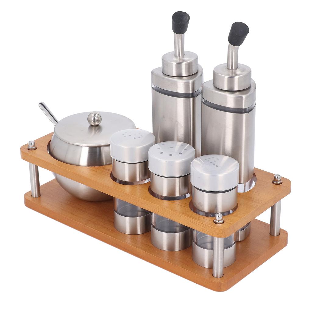 Sada dávkovačů kuchyňských koření s dřevěnou základnou, multifunkční sada lahví na olejový ocet a sůl