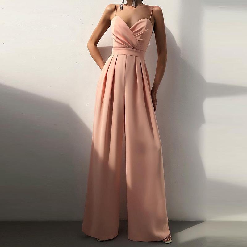 Spring Summer Casual Wide Leg Long Jumpsuit Female Solid Color Draped Slim Playsuit Women Elegant High Waist Strap Solid One Piece Romper