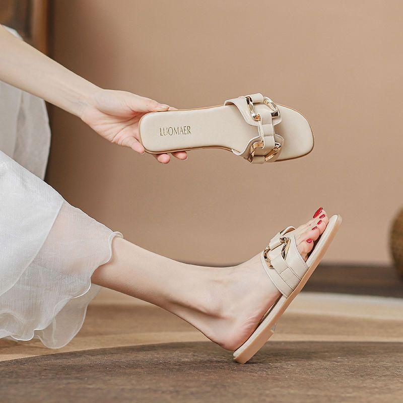 Slippers Women's Outer Wear 2025 Summer New Versatile Soft Leather Flat Bottom Sweet One-pedal Square Buckle Beach Women's Shoes Tide