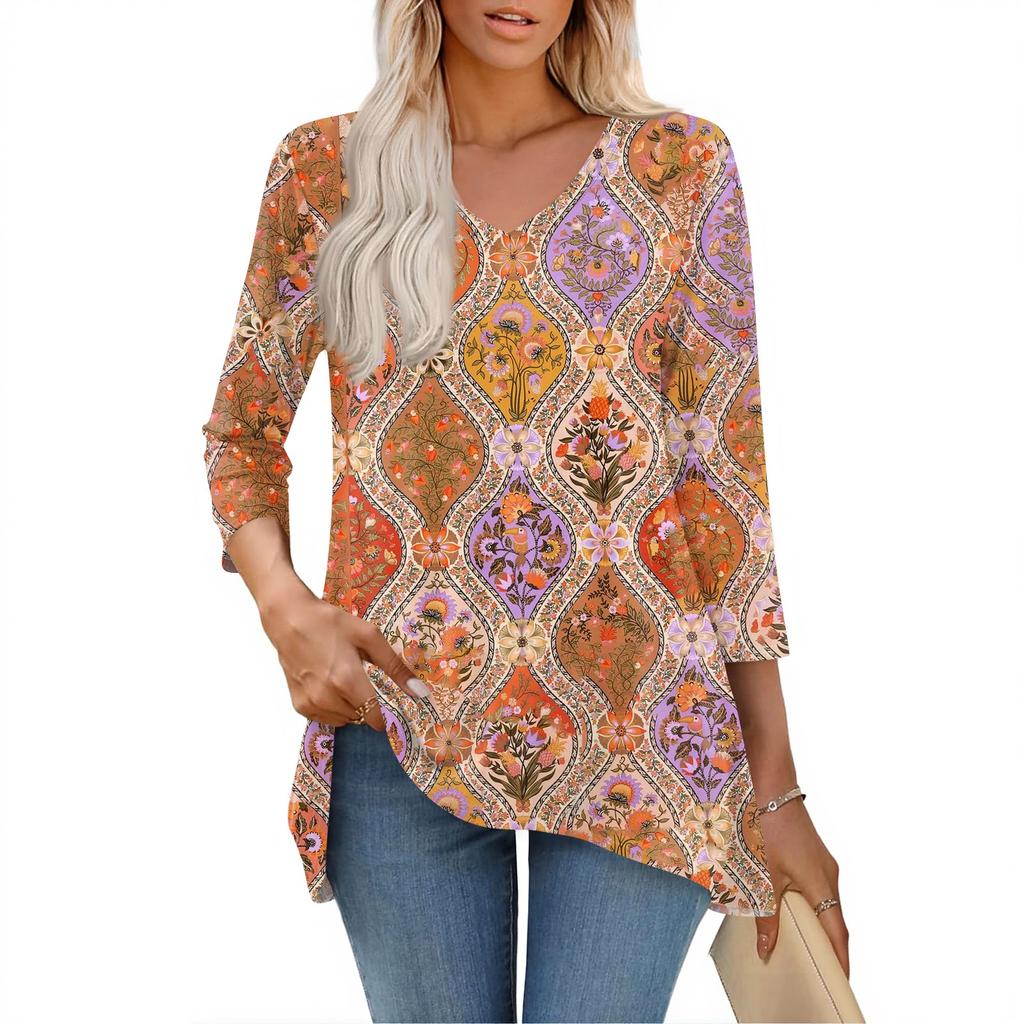 Dámské topy s výstřihem do V a 3/4 rukávem, ležérní košile střední délky, módní tuniky s potiskem