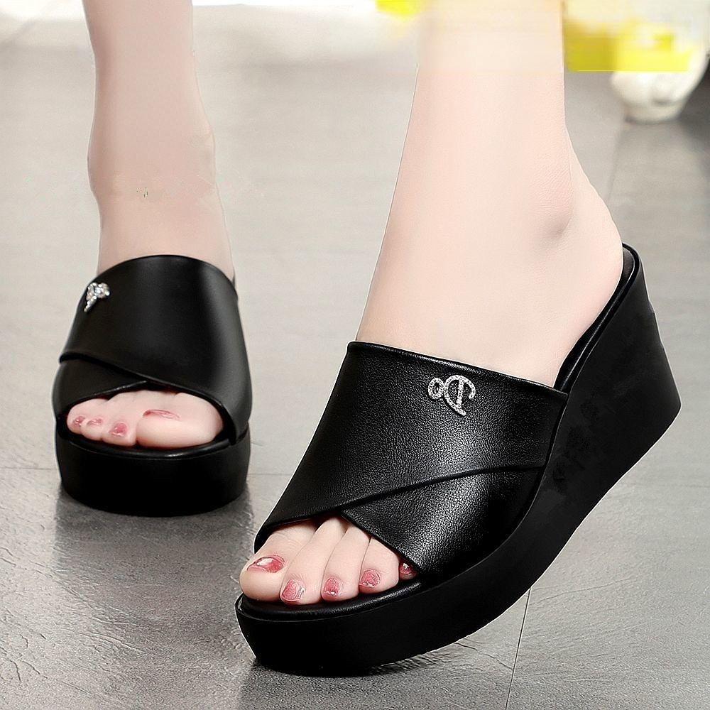 

Тапочки из натуральной кожи, летние толстые тапочки-маффины, нескользящая обувь на высоком каблуке с открытым носком для женщин 39 чёрный